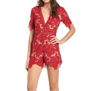 Astr Red Floral Lace Romper- M